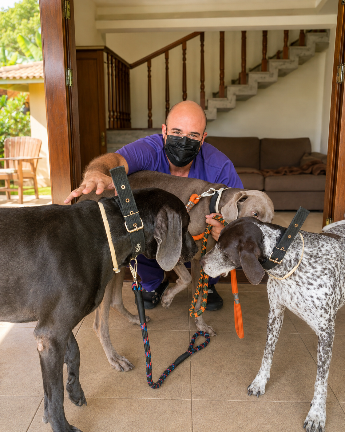Dr. Douglas Ramos com três cães durante atendimento domiciliar
